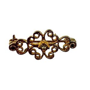 Vintage Gold Filigree Brooch Pin With Intricate Scroll Design crystal stone